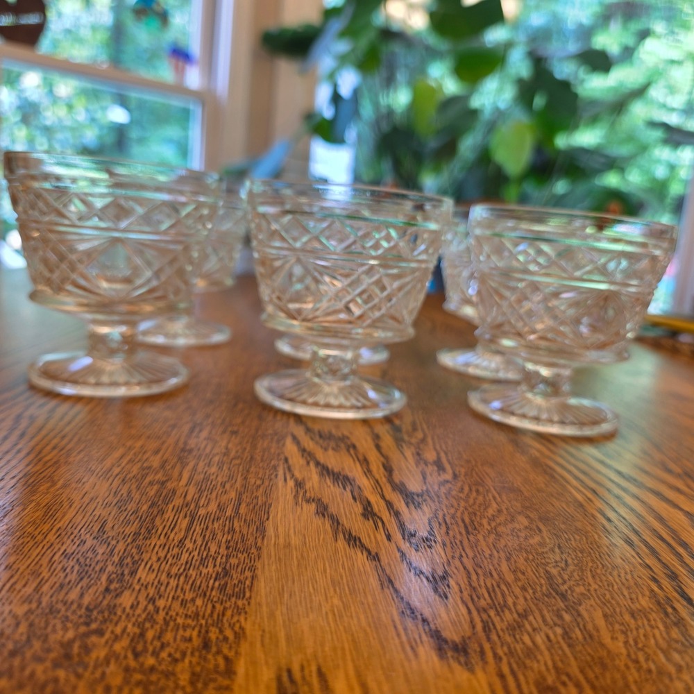 Hazel Atlas Glass Windsor Clear‎ Pressed Footed Dessert Sherbet Bowls Set of 6